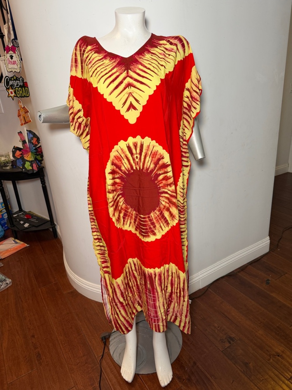 Bohemian  Red & Yellow Tie-Dye Caftan Kimono Beach Maxi Dress